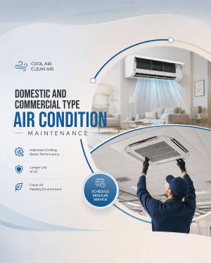 A technician performing maintenance on a ceiling-mounted air conditioning unit