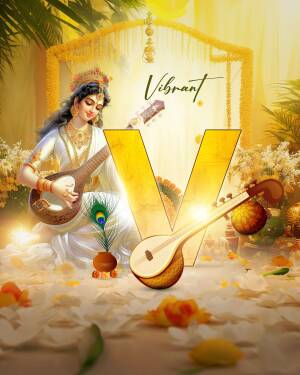Digital art depicting Goddess Saraswati playing a veena with a large letter 'V' in the foreground.
