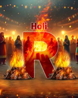 A vibrant image depicting the festival of Holi with a large letter 'R' formed by flames and a bonfire, surrounded by people.