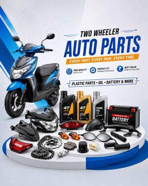 A collection of two-wheeler auto parts, including a blue scooter, engine oil bottles, a battery, lights, and mechanical components on a pedestal.