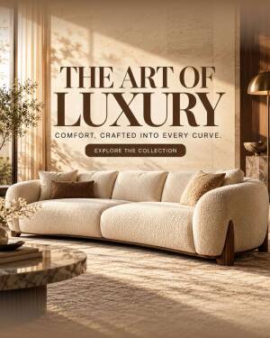 A beige curved boucle sofa in a sunlit luxury living room.
