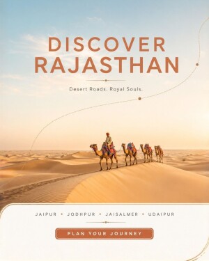 A camel caravan traveling through the vast golden sand dunes of the Thar Desert in Rajasthan, India.