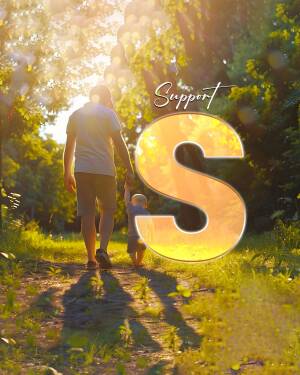 Father walking with his young son on a path with a large letter 'S' overlaid.