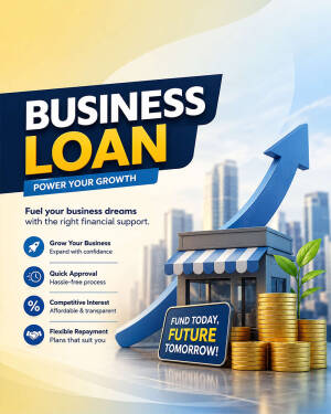 A professional business loan advertisement featuring a store model, gold coins, and an upward growth arrow graphic.