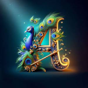 A vibrant letter 'K' intricately designed with peacock feathers and ornate gold details.