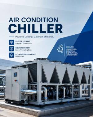 Commercial industrial air conditioning chiller unit with cooling features on a rooftop