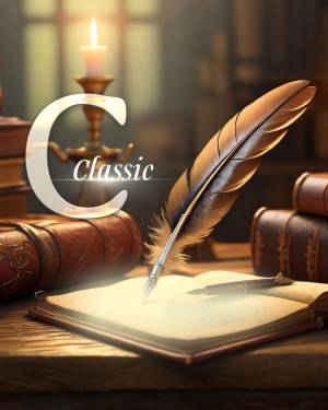 A still life image featuring a quill pen, old books, and a lit candle, with the letter 'C' and the word 'Classic' overlaid.