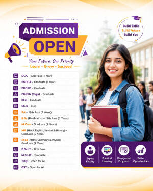 A smiling student holding books in front of an educational institute advertisement featuring course lists