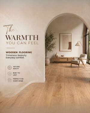 Modern interior living room with high-quality wooden flooring and arched doorway