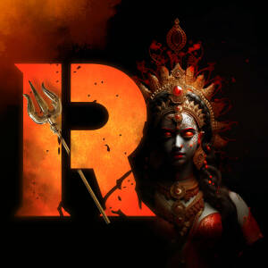 RRR movie poster featuring a stylized 'R' with a depiction of Goddess Durga