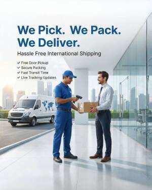 A delivery courier in blue uniform scanning a package for a businessman in front of a delivery van and a modern office building.