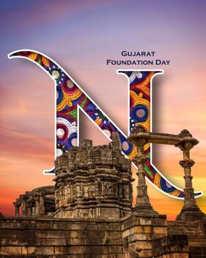 Gujarat Foundation Day poster with a decorative 'N' and temple architecture