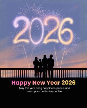 A family silhouetted against a twilight sky watching fireworks shaped as the year 2026