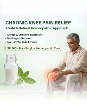 An elderly man suffering from knee pain, with homeopathic medicine bottle next to him, promoting safe knee pain relief.