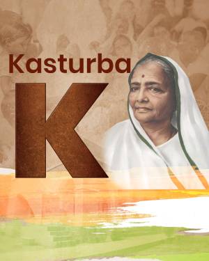 Portrait of Kasturba Gandhi with a large letter 'K' and Indian flag colors