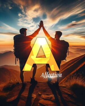Two hikers with raised hands silhouetted against a sunset with a large letter 'A' and the word 'Affection' overlaid.