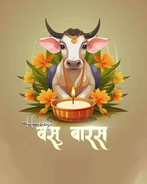 Illustration of a cow with flowers and a lit lamp for Vasu Baras