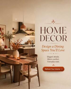 A beautifully styled dining room interior with warm, modern home decor elements and a dining table set for guests.