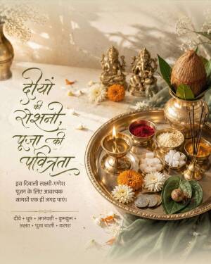 Brass puja thali with incense, kumkum, flowers, diya and coconut for Diwali festival