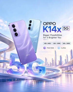 Oppo K14x 5G smartphone in Prism Violet and Icy Blue colors against a futuristic city background