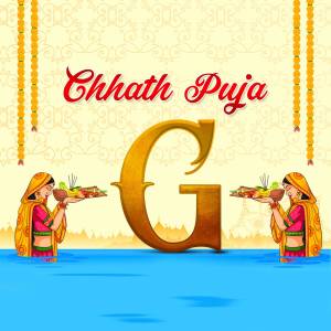 Chhath Puja festival greeting with women offering arghya to the sun god.