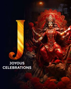 Image depicting Goddess Durga with a large golden 'J' and festive decorations.