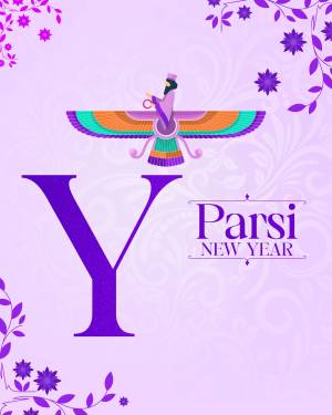 Illustration of Faravahar symbol with the letter Y and 'Parsi New Year' text.