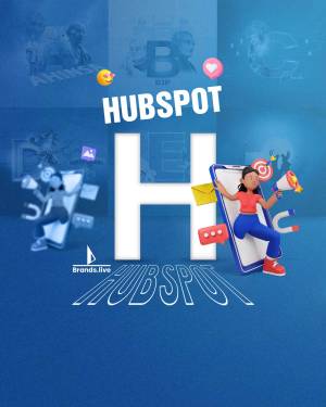 HubSpot logo with marketing icons and a person using a smartphone