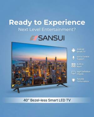 Sansui 40-inch bezel-less smart LED TV displaying a Chicago city skyline with Android and voice control features listed on the side.