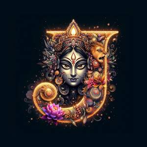 Digital art depicting Goddess Durga's face integrated into the letter 'D'