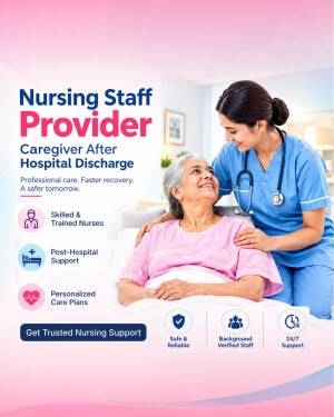 A smiling nurse caring for an elderly patient after hospital discharge