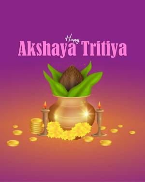 Akshaya Tritiya festive greeting with pot, gold coins, and flowers