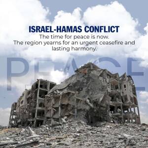 Image depicting the aftermath of destruction in a conflict zone with a message calling for peace.