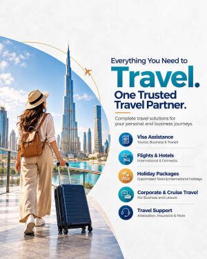 A traveler with a suitcase standing in front of the Burj Khalifa in Dubai with travel services listed