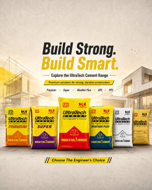 Various types of UltraTech Cement bags lined up against a construction site background with the text Build Strong Build Smart