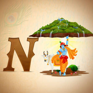 Illustration of Lord Krishna lifting Govardhan Hill to protect villagers from rain
