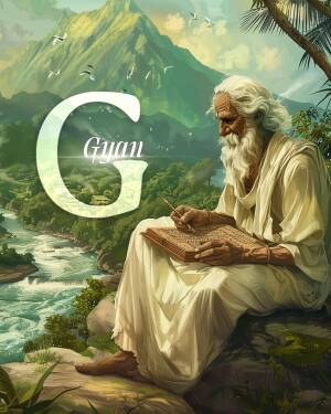 Portrait of a wise, bearded man writing in a book with a scenic mountain backdrop and a large letter 'G'