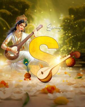 Goddess Saraswati playing the veena with a large letter S and spring flowers