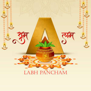 Labh Pancham festive greeting with a golden 'A' and traditional decorations