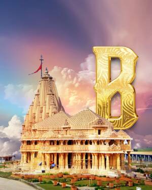 Golden letter 'B' superimposed on a Swaminarayan Temple with a cloudy sky.