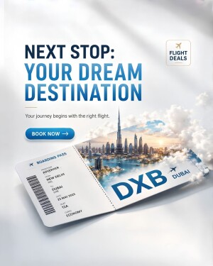 Flight boarding pass to Dubai showing Dubai skyline on a promotional flyer