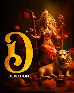 Image of Goddess Durga with the word 'Devotion' in golden script