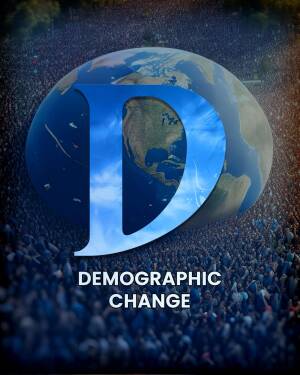 Earth with a large letter 'D' representing demographic change, with a crowd of people in the background.