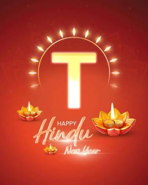 Hindu New Year greeting with a lit 'T' and diya lamps