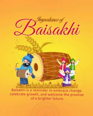 Illustration depicting Baisakhi celebrations with a dhol drum, people dancing, and wheat stalks.