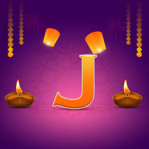 Letter J illuminated with Diwali lights and decorations