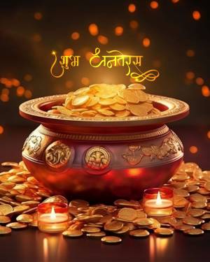 Golden coins in a pot with lit candles for Dhanteras