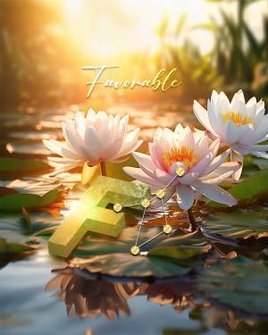 Lotus flowers floating on water with a stylized 'F' and reflective surface.