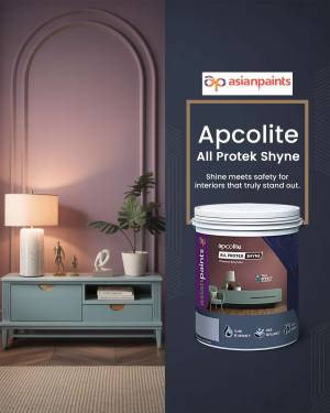 Asian Paints Apcolite All Protek Shyne paint can with a room interior showcasing the paint color.
