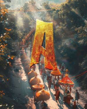 A large golden letter 'A' stands prominently in a landscape with a procession of monks with orange umbrellas.